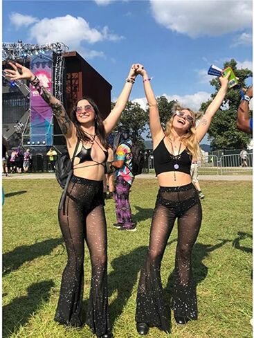 الزي الهذيان للنساء مثير شبكة شفافة متوهج أسفل الجرس السراويل عالية الخصر لمهرجان الرقص كلوبوير in Kuwait