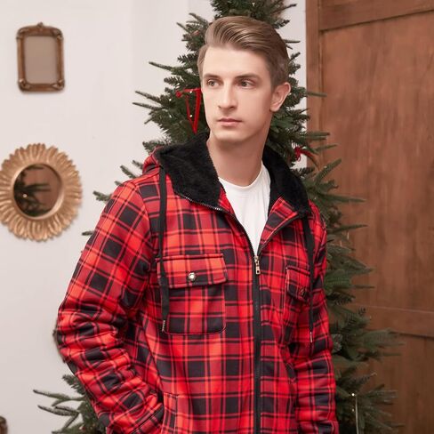 سترات DUOFIER للرجال قمصان منقوشة وسترة مبطنة بالصوف وقمصان من الفلانيل وسترات شيربا بغطاء للرأس in Kuwait