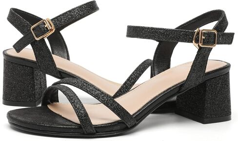 kkdom Women's Open Toe Ankle Strap Glitter Sandals Pumps Low Block Chunky Heels Wedding Dress Shoes in Saudi Arabia