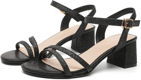 kkdom Women's Open Toe Ankle Strap Glitter Sandals Pumps Low Block Chunky Heels Wedding Dress Shoes in Saudi Arabia