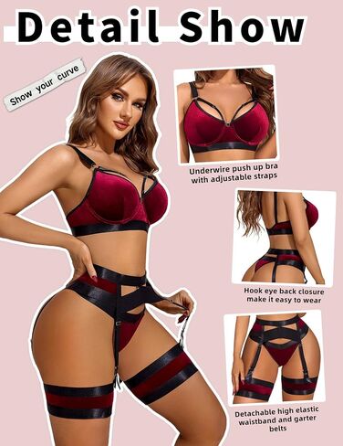 Avidlove Womens Lingerie Push Up Velvet Lingerie for Women Underwire Lingerie Set with Garter Belt(Red Velvet,XX-Large) in Saudi Arabia