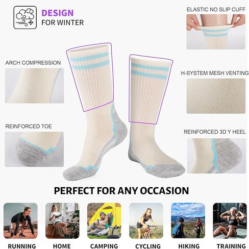 جوارب نسائية من COOPLUS مصنوعة من صوف ميرينو للمشي لمسافات طويلة في الهواء الطلق دافئة وشتوية سميكة ووسادة ماصة للرطوبة (3 أزواج) in Kuwait