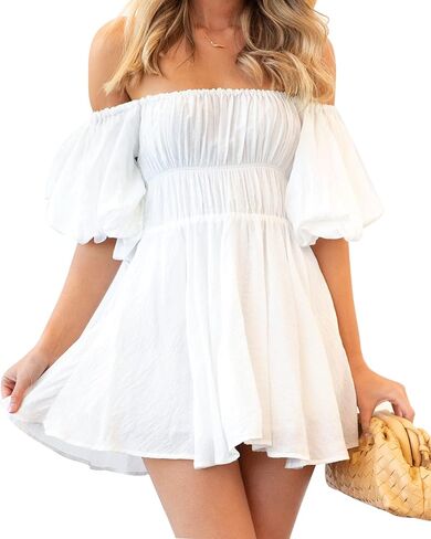 فستان حريمي قصير بدون أكتاف من استمعويند وأكمام قصيرة منتفخة كاجوال للشاطئ بوهو سوينغ على شكل حرف A فساتين صيفية مكشكشة in Kuwait
