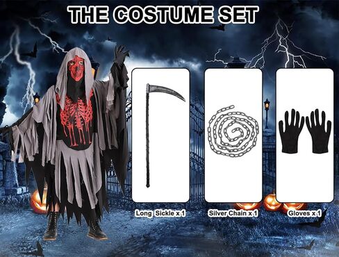 QUJQOM Kids Grim Reaper Costume Boys Halloween Costume Skull Reaper Cosplay Scary Red Skeleton Cloak with Gloves Scythe Chain in Kuwait