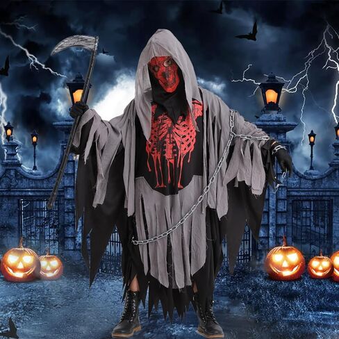 QUJQOM Kids Grim Reaper Costume Boys Halloween Costume Skull Reaper Cosplay Scary Red Skeleton Cloak with Gloves Scythe Chain in Kuwait