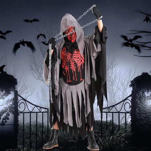 QUJQOM Kids Grim Reaper Costume Boys Halloween Costume Skull Reaper Cosplay Scary Red Skeleton Cloak with Gloves Scythe Chain in Kuwait