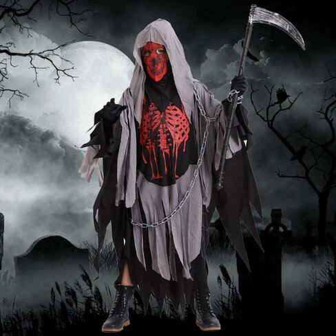 QUJQOM Kids Grim Reaper Costume Boys Halloween Costume Skull Reaper Cosplay Scary Red Skeleton Cloak with Gloves Scythe Chain in Kuwait