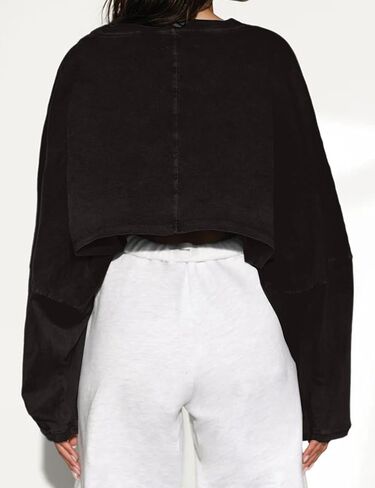 Meladyan المرأة طويلة الأكمام Crewneck المحاصيل تي شيرت البلوز عادية الصلبة فضفاضة تناسب تجريب اقتصاص البلوز التي شيرت in Saudi Arabia