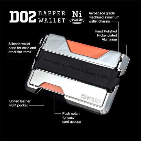 محفظة Dango التكتيكية - حامل بطاقات RFID للرجال - جلد + مطلي بالنيكل نحيف - نظام السكك الحديدية المتكامل وحزام النقود - سهولة الوصول إلى الأموال والبطاقات - جيب أمامي D02 Dapper EDC in Kuwait