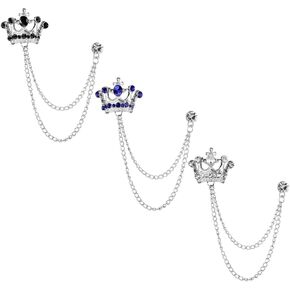Shuxy 3PCS Men's Brooch Crown Hanging Chain Brooch Black White Blue Stone Detailing with Engraving Metal Crystal Brooch Suit Stud Lapel Pin Vintage Rhinestone Breastpin Wedding Brooch Pin, Silver, in Kuwait