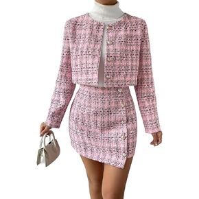Verdusa Women's 2 Piece Outfit Plaid Print Crop Tweed Jacket and Bodycon Mini Skirt in Kuwait