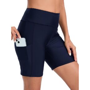 شورت سباحة نسائي عالي الخصر من Yilisha باللون الأسود مقاس 8 بوصات للتحكم في البطن، شورت سباحة قصير مع جيوب in Kuwait