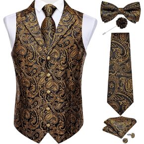 DiBanGu Mens Paisley Suit Vest & Tie & Bowtie Set 7PCS Silk Suit Waistcoat and Necktie Pretied Bowtie for Suit or Tuxedo