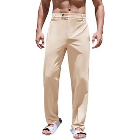 بنطلون فضفاض من القطن والكتان للرجال من PASLTER، بنطلون كاجوال خفيف الوزن ومسطح من الأمام، بنطلون يوجا للشاطئ للرجال in Kuwait