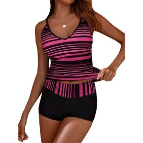 Floerns Women's Two Piece Striped V Neck Tankini Swimsuits with Shorts