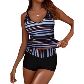 Floerns Women's Two Piece Striped V Neck Tankini Swimsuits with Shorts