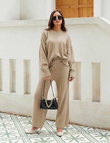 طقم سترة نسائية من Lianlive مكون من قطعتين بلوفر وأكمام طويلة وسراويل واسعة الساق in Kuwait