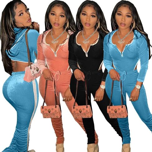 Wryran Velour Tracksuits Womens 2 Piece Outfits Zip Up Crop Top Velvet Track Suits Y2K Sweatshirt Flared Pants Matching Set in Saudi Arabia
