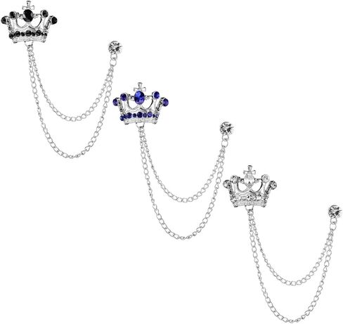 Shuxy 3PCS Men's Brooch Crown Hanging Chain Brooch Black White Blue Stone Detailing with Engraving Metal Crystal Brooch Suit Stud Lapel Pin Vintage Rhinestone Breastpin Wedding Brooch Pin, Silver, in Kuwait