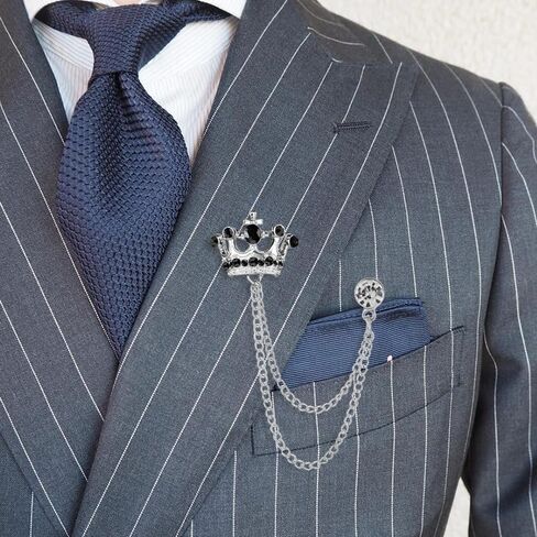 Shuxy 3PCS Men's Brooch Crown Hanging Chain Brooch Black White Blue Stone Detailing with Engraving Metal Crystal Brooch Suit Stud Lapel Pin Vintage Rhinestone Breastpin Wedding Brooch Pin, Silver, in Kuwait