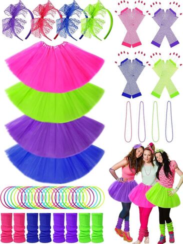 Zhanmai 70 Pieces 80s Outfits for Women 80s Costumes Set Tutu Skirt Necklace Bracelet Earrings Fishnet Gloves Legwarmers in Saudi Arabia