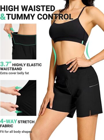 شورت BVVU للسيدات مقاس 5 بوصات للسباحة عالي الخصر مع جيوب وبطانة للتحكم في البطن UPF50+ ملابس سباحة للشاطئ سريعة الجفاف in Kuwait