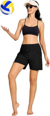 شورت BVVU للسيدات مقاس 5 بوصات للسباحة عالي الخصر مع جيوب وبطانة للتحكم في البطن UPF50+ ملابس سباحة للشاطئ سريعة الجفاف in Kuwait