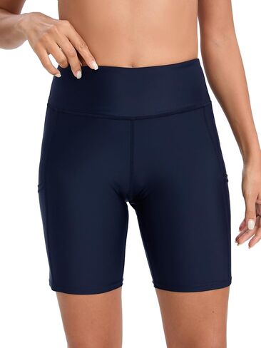 شورت سباحة نسائي عالي الخصر من Yilisha باللون الأسود مقاس 8 بوصات للتحكم في البطن، شورت سباحة قصير مع جيوب in Kuwait