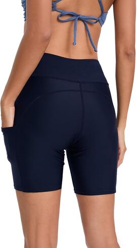 شورت سباحة نسائي عالي الخصر من Yilisha باللون الأسود مقاس 8 بوصات للتحكم في البطن، شورت سباحة قصير مع جيوب in Kuwait