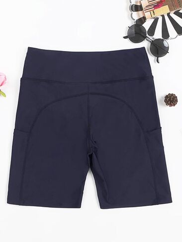 شورت سباحة نسائي عالي الخصر من Yilisha باللون الأسود مقاس 8 بوصات للتحكم في البطن، شورت سباحة قصير مع جيوب in Kuwait