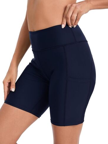 شورت سباحة نسائي عالي الخصر من Yilisha باللون الأسود مقاس 8 بوصات للتحكم في البطن، شورت سباحة قصير مع جيوب in Kuwait