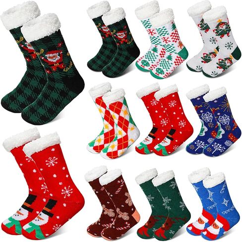Suhine 9 Pairs Christmas Fuzzy Slipper Socks Winter Sherpa Fluffy Warm Fleece Lined Socks Non Skid Thermal Snowman Santa Socks for Women Home Xmas Gifts in Saudi Arabia