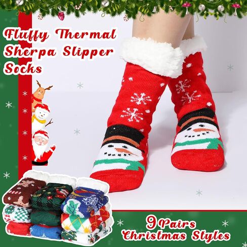 Suhine 9 Pairs Christmas Fuzzy Slipper Socks Winter Sherpa Fluffy Warm Fleece Lined Socks Non Skid Thermal Snowman Santa Socks for Women Home Xmas Gifts in Saudi Arabia