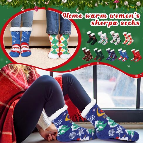 Suhine 9 Pairs Christmas Fuzzy Slipper Socks Winter Sherpa Fluffy Warm Fleece Lined Socks Non Skid Thermal Snowman Santa Socks for Women Home Xmas Gifts in Saudi Arabia