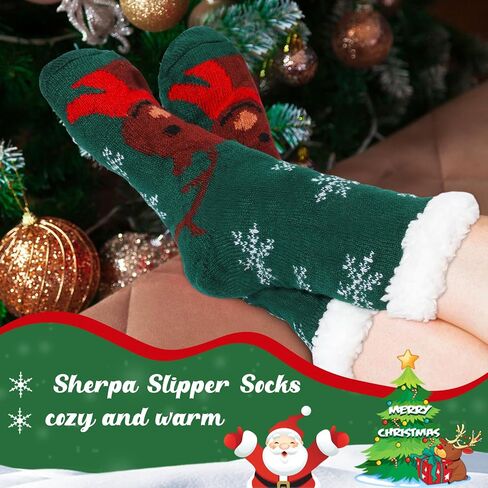 Suhine 9 Pairs Christmas Fuzzy Slipper Socks Winter Sherpa Fluffy Warm Fleece Lined Socks Non Skid Thermal Snowman Santa Socks for Women Home Xmas Gifts in Saudi Arabia