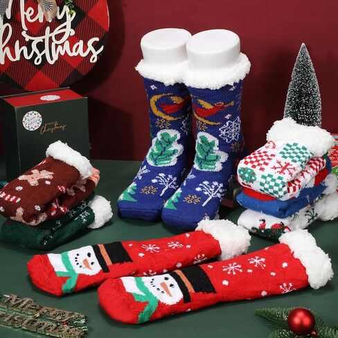 Suhine 9 Pairs Christmas Fuzzy Slipper Socks Winter Sherpa Fluffy Warm Fleece Lined Socks Non Skid Thermal Snowman Santa Socks for Women Home Xmas Gifts in Saudi Arabia