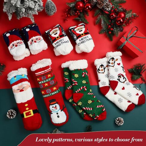 Suhine 9 Pairs Christmas Fuzzy Slipper Socks Winter Warm Fuzzy Socks Women Soft Non Skid Christmas Fleece Lined Socks Snowman Santa Socks for Women Christmas Holiday Xmas Gifts in Saudi Arabia