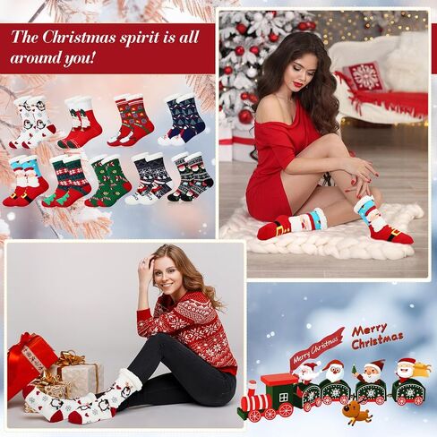 Suhine 9 Pairs Christmas Fuzzy Slipper Socks Winter Warm Fuzzy Socks Women Soft Non Skid Christmas Fleece Lined Socks Snowman Santa Socks for Women Christmas Holiday Xmas Gifts in Saudi Arabia