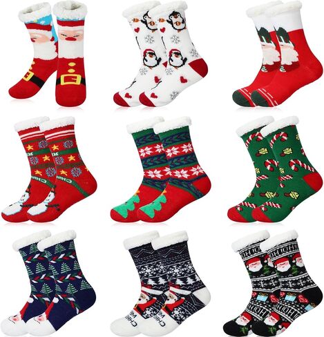 Suhine 9 Pairs Christmas Fuzzy Slipper Socks Winter Warm Fuzzy Socks Women Soft Non Skid Christmas Fleece Lined Socks Snowman Santa Socks for Women Christmas Holiday Xmas Gifts in Saudi Arabia