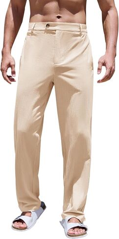 PASLTER Mens Cotton Linen Loose Pant Casual Lightweight Flat-Front Trouser Yoga Beach Pants for Men in Kuwait