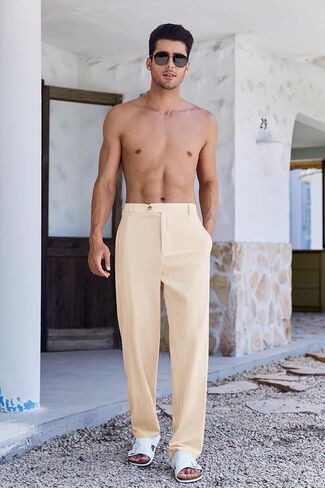 PASLTER Mens Cotton Linen Loose Pant Casual Lightweight Flat-Front Trouser Yoga Beach Pants for Men in Kuwait