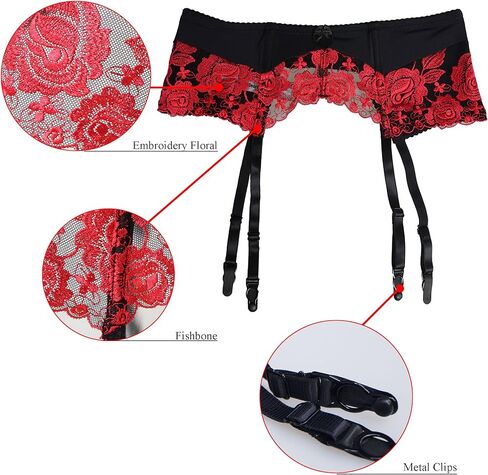 TVRtyle المرأة الأحمر التطريز زهرة المشابك المعدنية مثير الرباط أحزمة للجوارب S087 in Kuwait