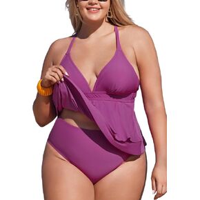 CUPSHE Women's Plus Size Tankini Set V Neck Swimsuit Crisscross Back Tie Tiered Flounce Hem in Saudi Arabia