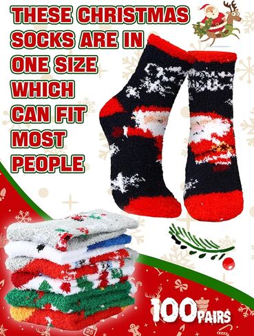 Hoosige 100 Pairs Christmas Fuzzy Socks Women Kids Winter Xmas Slipper Stocking Bulk for Homeless Holiday Gift in Kuwait