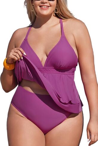 CUPSHE Women's Plus Size Tankini Set V Neck Swimsuit Crisscross Back Tie Tiered Flounce Hem in Saudi Arabia