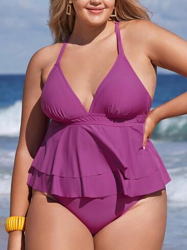 CUPSHE Women's Plus Size Tankini Set V Neck Swimsuit Crisscross Back Tie Tiered Flounce Hem in Saudi Arabia