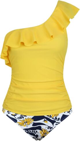 سيندي عمتي المرأة كتف واحد تانكيني لباس سباحة البطن التحكم ملابس السباحة كشكش قطعتين المايوه in Kuwait