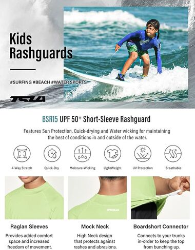 قميص سباحة TSLA UPF 50+ للشباب بأكمام قصيرة للحماية من الطفح الجلدي، قميص سباحة لركوب الأمواج من الأشعة فوق البنفسجية/عامل حماية من الشمس (SPF)، قميص سباحة مائي مائي in Kuwait