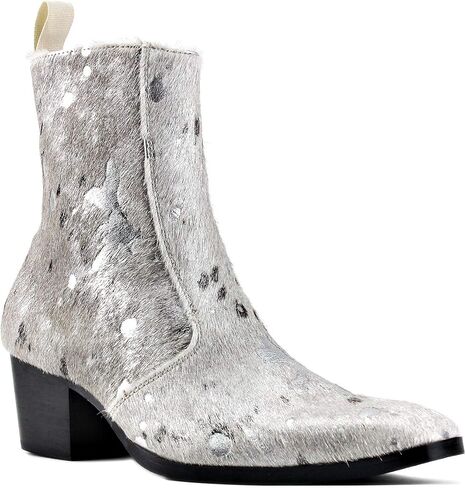 OSSTONE Men Chelsea Ankle Boots Leather Pony Hair Leopard Boot with Side Zipper Heel Boots JY012 in Kuwait