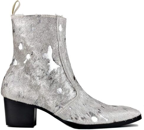 OSSTONE Men Chelsea Ankle Boots Leather Pony Hair Leopard Boot with Side Zipper Heel Boots JY012 in Kuwait